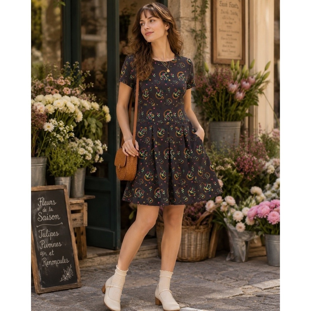 Matilda Jane Girls 6 Charcoal Floral Fit Flare Pleated Twirl Dress Cottagecore